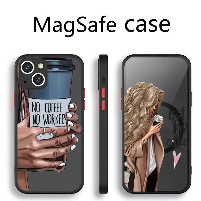 

Princess Female woman girl coffee pattern Phone Case Transparent Magsafe Magnetic Magnet For iPhone 13 12 11 Pro Max Mini