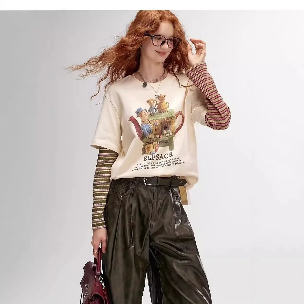 Женская футболка Fairy's Color Blocking в полоску из двух частей с иллюзией новинка 2024