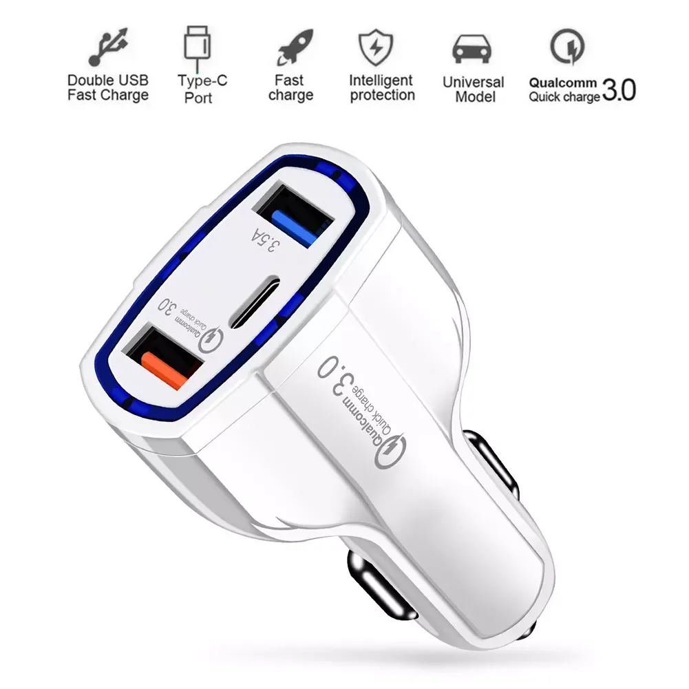 

32W 3A QC3.0 Car Charger 3 Ports Usb C Fast Phone Charger In Car Adapter Quick Charging for Smartphone Type C Output Adapters