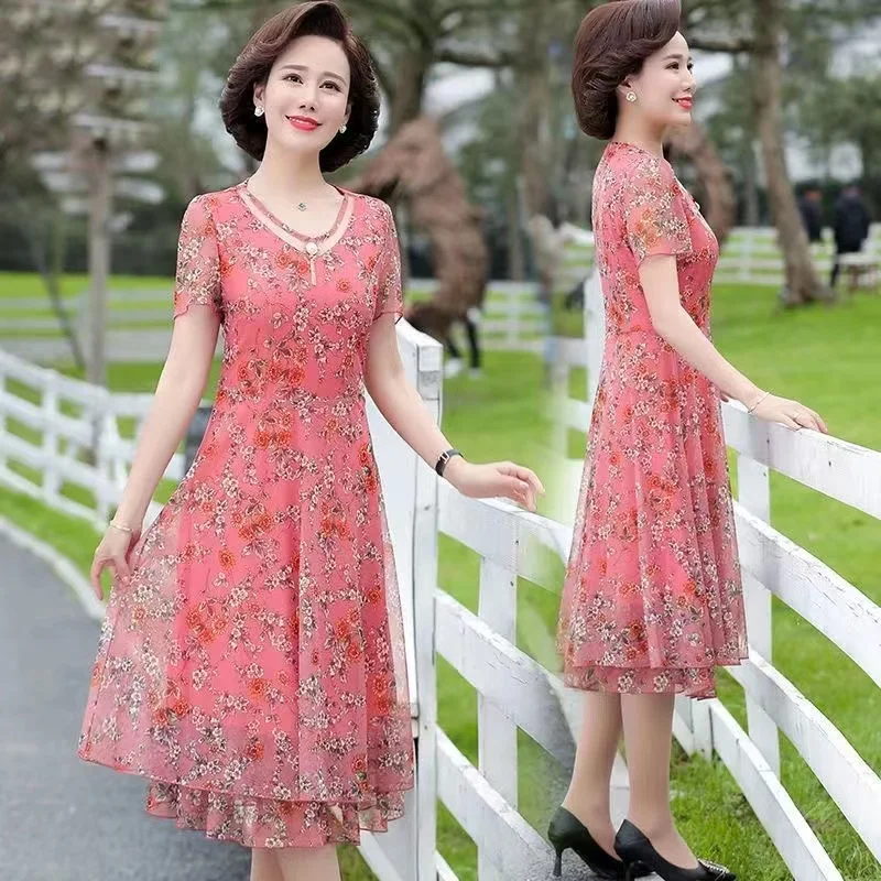 

EE32 New middle-aged mom summer chiffon dress with a stylish waistband that looks slimmer for middle-aged and elderly women