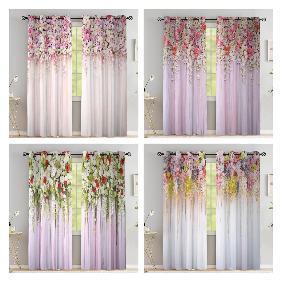 

Pink Bridal Floral Curtains for Women Girls Flowers Rose Romantic Spring Blossom Nature Art Printed Living Room Bedroom Drapes