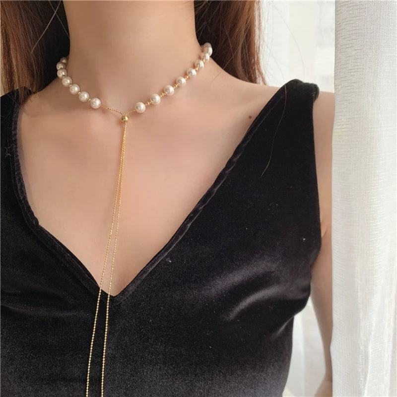 

Корейская Длинная цепочка темпераментное женское регулируемое жемчужное ожерелье Женская модная цепочка до ключиц