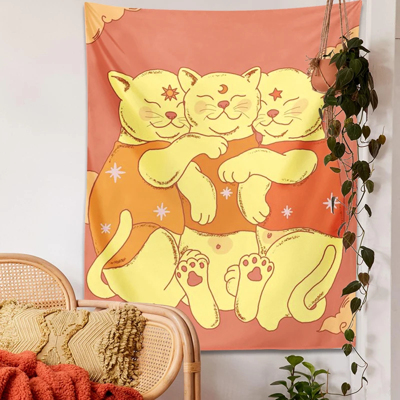 

Tarot Cat Tapestry Wall Hanging Boho sun moon Cute Cat Vintage Cartoon Tapestries for Kids Room Bedroom Room Decor Art Mural