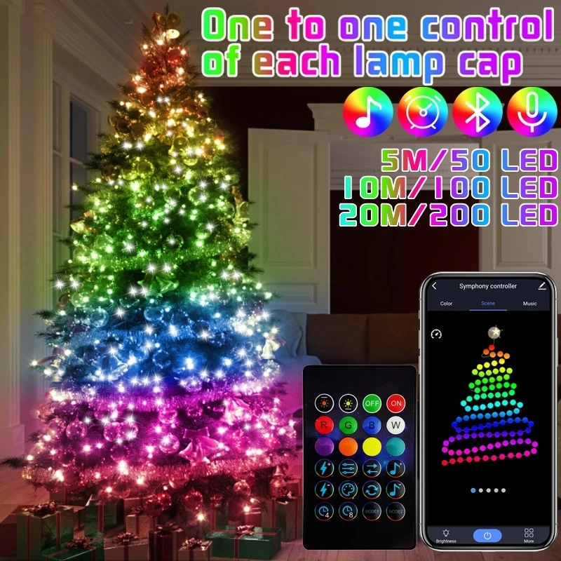 

Светодиодная RGB Гирлянда для рождественской елки, USB-шнурок с управлением через Bluetooth, уличное App освещение с дистанционным управлением, сказочное украшение, 5/10/22 м