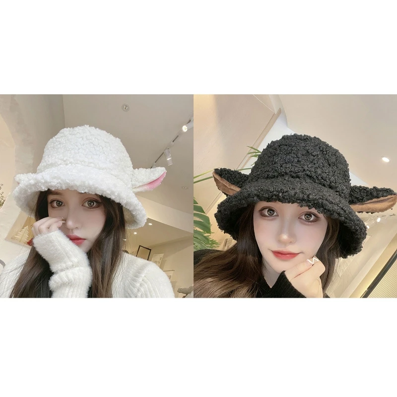 Women Bucket Hat Vintage Winter Sheep Ear Plush Panama For Women Warm Faux Fur Soft Female Fisherman Sun Hats 2022 trend