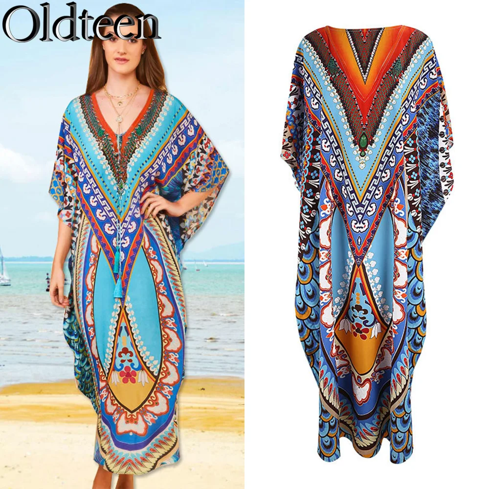 

New Positioning Cotton Printed Long Dress Beach Vacation Loose V-neck Dress Bohemian Casual Vintage Robe Dress Swimsuit Cover Up