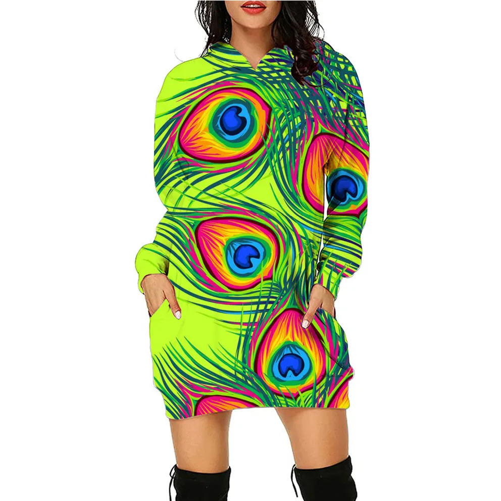 

Женская Длинная толстовка с капюшоном, разноцветная Повседневная Свободная Толстовка с длинным рукавом и забавным 3D принтом павлиньих перьев, Y2K, осень