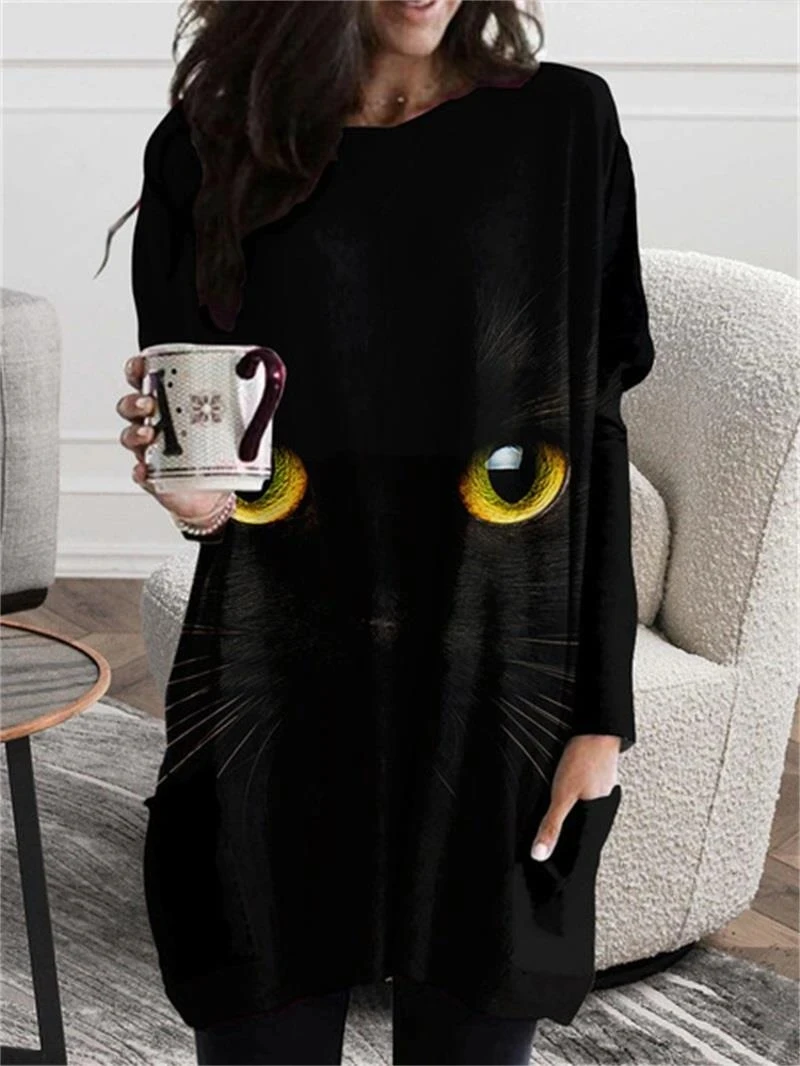 

Spring and Autumn 2023 New Long Hoodless Sweatshirt, 3D Printing, Black Cat Pattern,women's Hoodie Skirt S-5XL