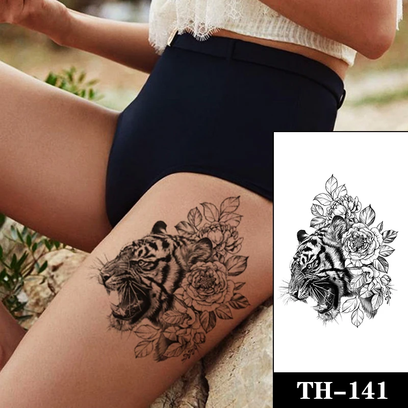 

Черная голова тигра, временная тату-наклейка, роза, цветок, водостойкие татуировки, листья, боди-арт, руки, ноги, искусственная тату большого размера для мужчин и женщин