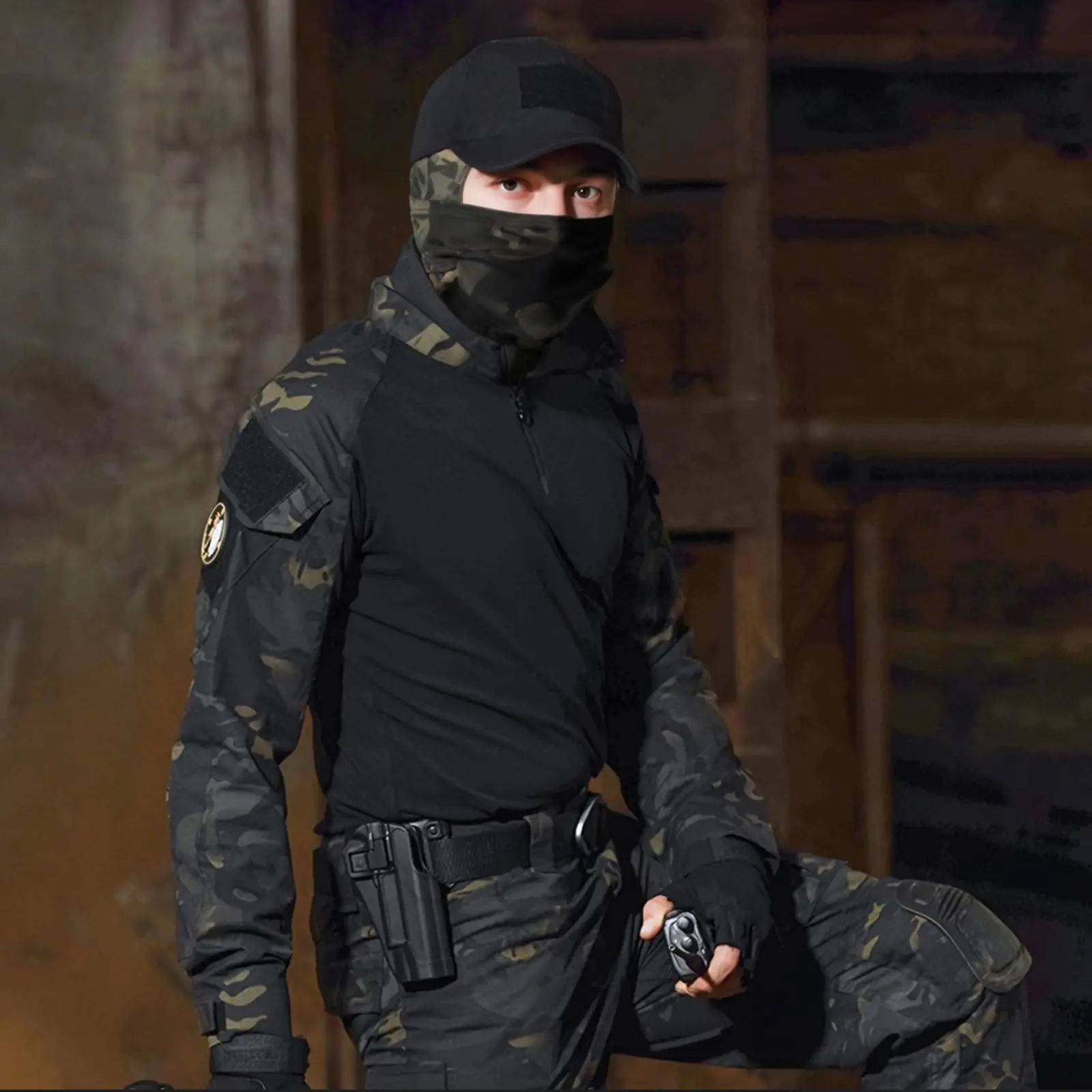 Мужской тактический камуфляжный комплект рубашек, дышащая боевая одежда с молнией 14, рубашка с длинными рукавами, кепка, перчатки, Балаклава, страйкбольное охотничье снаряжение (art.: 3920d2e48e807) - 3920d2e48e807