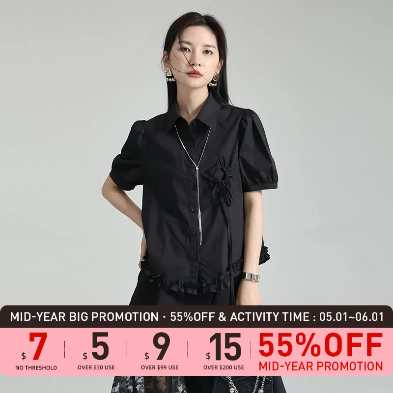 

Leorlax Original design flower shirt for women2023Summer loose slimming black and white contrast color short sleeve shirt J0132