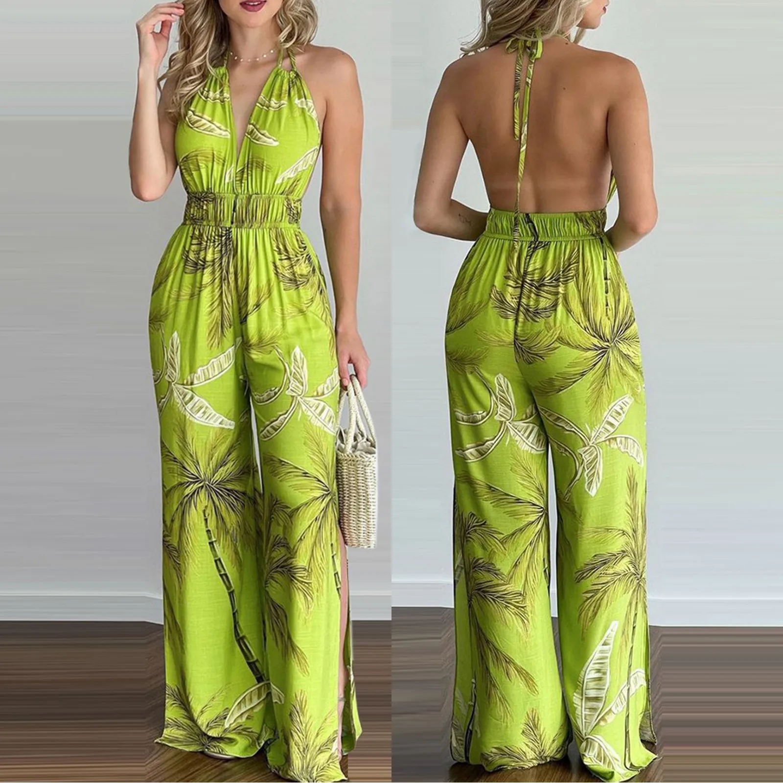 

Slit Women Halter Leg Backless Print Jumpsuit Fashion Floral Women's Jumpsuit Short Leg Girl Wedding Jumpsuit Lady Summer Short