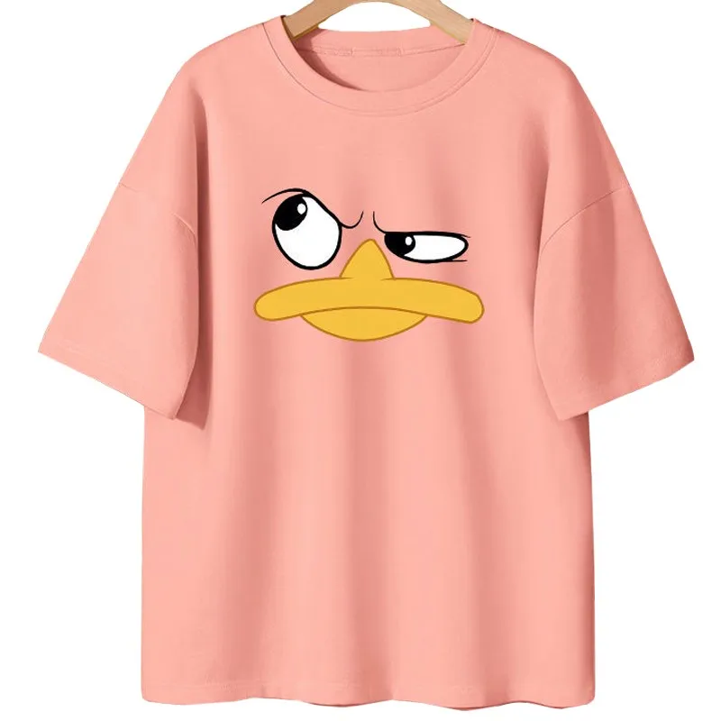 

2022 O-neck Casual Summer Girl T Shirt Anime Hip Hop Naughty Duck Print Harajuku Tees Fashion Pink Oversized Loose Tops Female