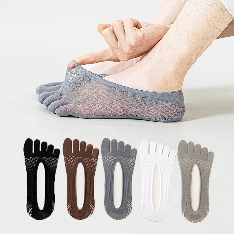 

5Pairs Men Socks with Fingers Summer Ultra-thin Breathable Invisible Toe Silk Socks Elastic Men's Ankle Sock Silicone Non-slip