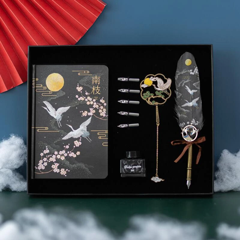 

Exquisite Quill Pen Feather Pen with Hardcover Notebook Retro Metal Bookmark