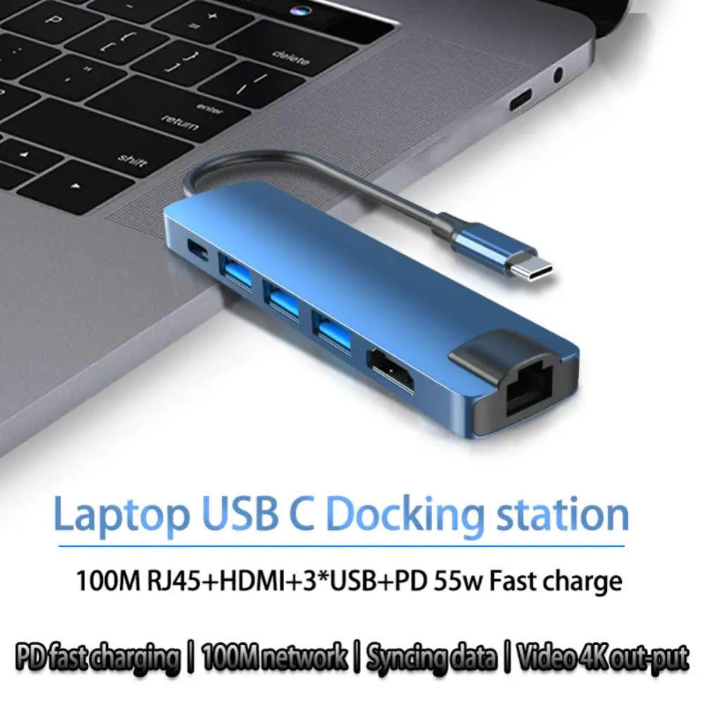 

Usb-c Hub 5gbps 6 In 1 Usb C Multiport Hub Rj45 Portable Type-c Docking Station Adapter Laptop Accessories Type-c Extender