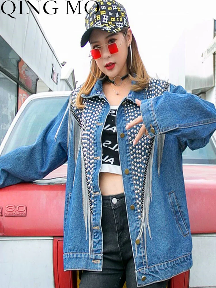 

QING MO Women Heavy Industry Tassel Splicing Rivet Denim Coat Loose Long Sleeves Solid Color Lapel Coat 2023 Autumn LHX1138A
