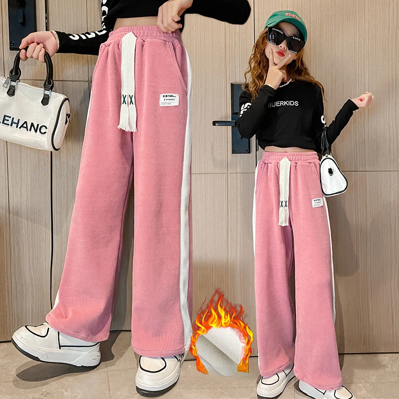 Купи Girls Tracksuit Pants Loose Casual Fleece Thicken Straight Trousers for Kids Winter Clothes 10 12 Year Children High Waist Pants за 1,030 рублей в магазине AliExpress