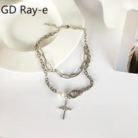 fashion students crystal gothic women necklace cross charm hip hop metal double layer pearl neckchain trendy for girls 684y