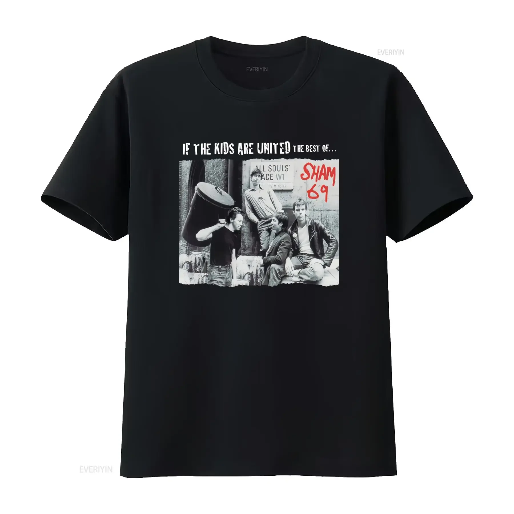 Фото Винтажная мужская футболка в стиле альбома Sham 69, черная, с дизайном All Souls' Place W1, доступные размеры, винтажная обработка, мягкая ткань. №1