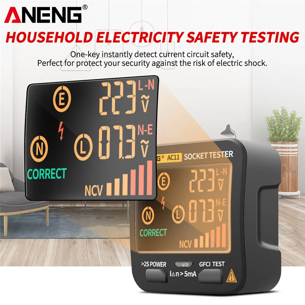 

ANENG AC11 Digital Smart Socket Tester Voltage Test Socket Detector US/UK/EU/AU Plug Ground Zero Line Phase Check Rcd NCV test