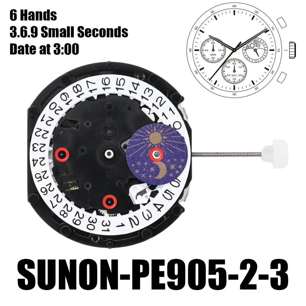 Механизм PE905 sunon PE905-2 Mov Milf 6 стрелок Солнце и Луна 3 9 Малые секунды Дата в 3:00 PE905-2-3