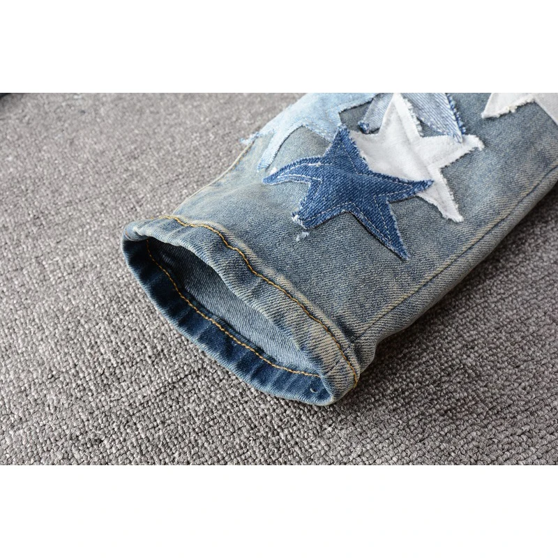 AM Luxury Brand Men's Jeans Light Indigo Star Patchwork Embroidery Skinny Denim Pants Harajuku Men Slim Fit Ripped Pencil Jeans