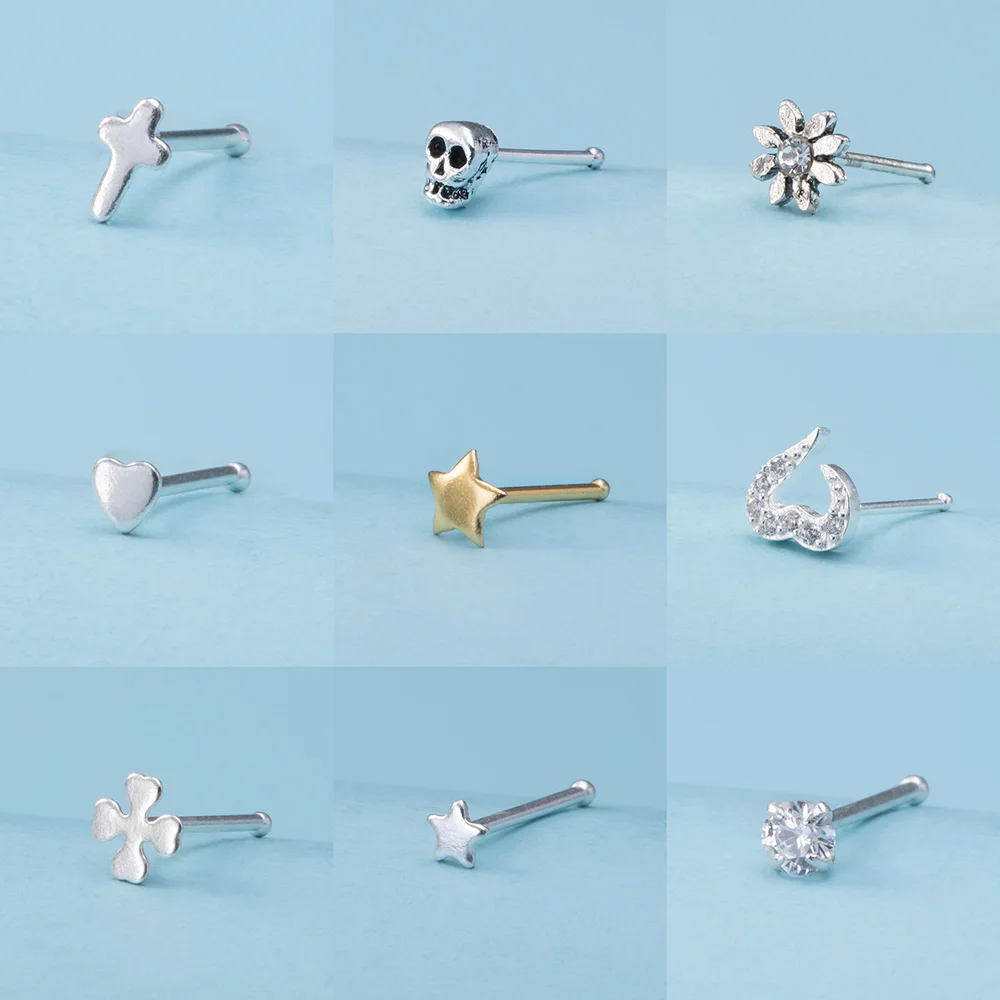 

1pc 925 Sterling Silver CZ Inlaid Nose Piercing Star Heart Flower Tiny 2mm 3mm Assorted Shapes Nose Rings Studs Body Jewelry 22G