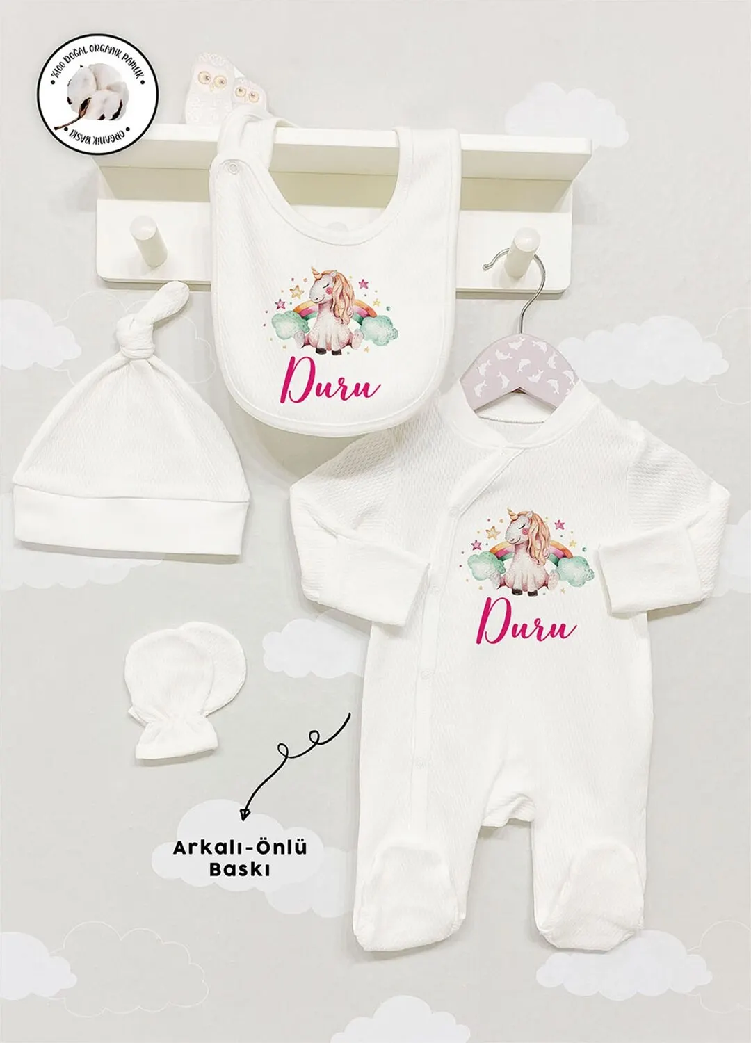 

Personalized Organic Cotton Fabric Girls Boy Baby 4-Pcs Rompers Set Custom Clothes Winter Spring