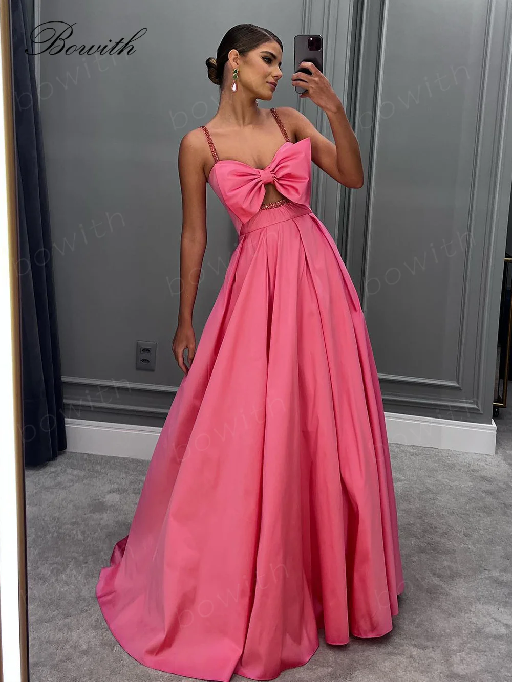 

Bowith Luxury Evening Dresses with Beads Straps A Line Party Dress for Women Bow Satin Celebrity Dresses Formal Occasion Dress
