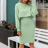 knitted sweater dress set women o neck bat sleeve two pieces female elegant chic knit sling v neck wrap dress two piece sets