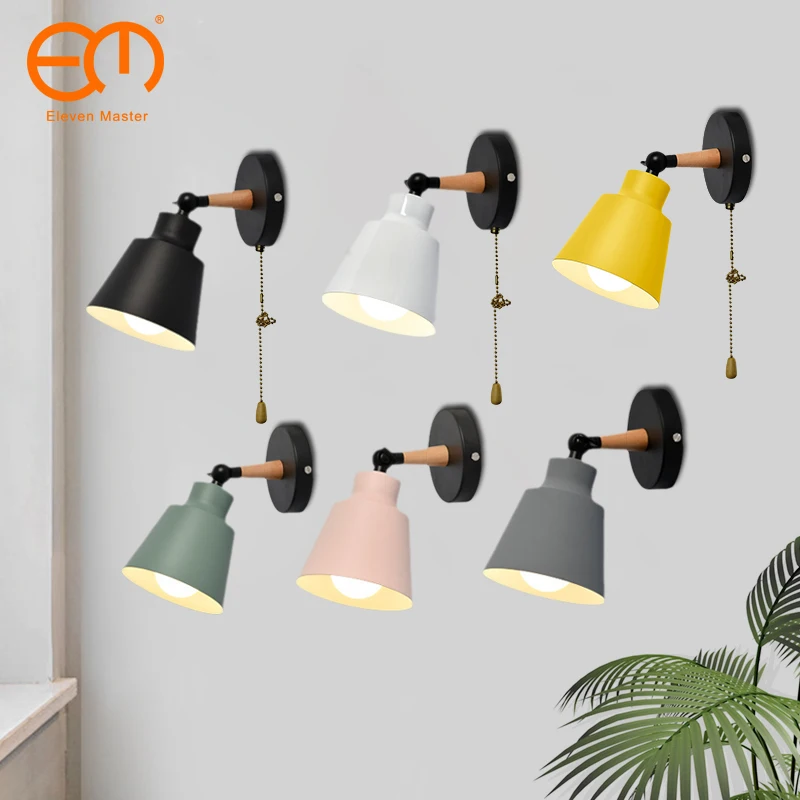 

Nordic With chain Switch Wall Lights Bedroom Beside LED Lights Macaroon Modern E27 Wall Lamps LED Restaurant Bar Lighting