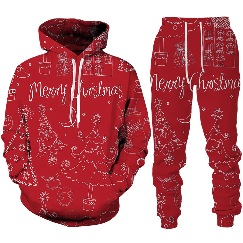 Костюм мужской с капюшоном и брюками свитшот 3D принтом на Рождество модная