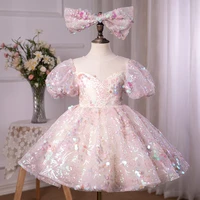 children wedding princess dress pink sequins flower bow girl wedding little baby girl summer dress