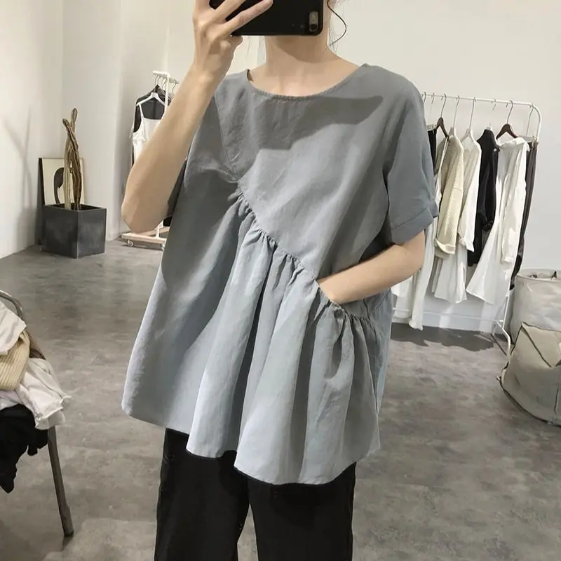 

Irregular Cotton Linen Shirt Ladies Summer New Pleated Pullover Casual Versatile Loose and Thin Korean Short Sleeve Top