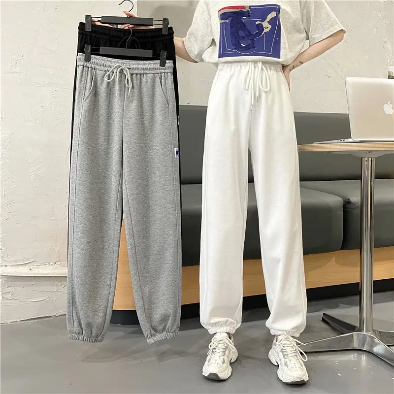 

Осенние белые спортивные брюки, повседневные женские брюки, свободные тонкие прямые брюки на шнуровке, модные женские брюки в Корейском стиле, Новинка