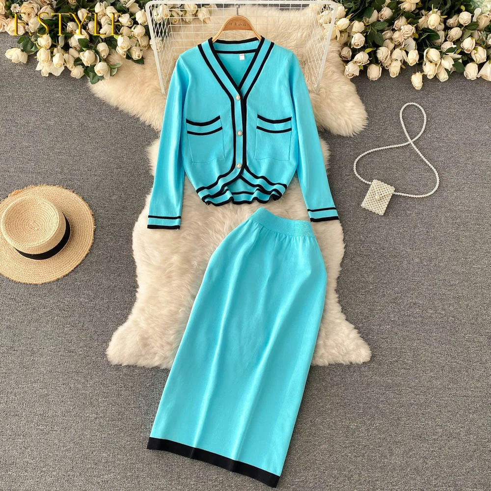 Casual Solid Outfits Women's Knitted Two Piece Suit Cardigan Skirt  Autumn Winter Women Dress Suits Womens Winter Sweaters 2021