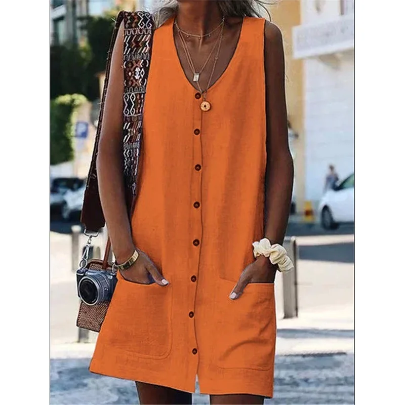 

Women Yellow Orange Vintage Summer Dress V Neck Button Up Pocket Sleeveless Cotton Linen Dress Woman Beach Clothes Robe