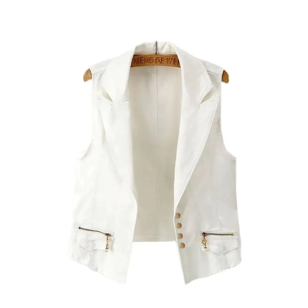 

Осенняя одежда, короткие джинсовые безрукавки, однобортные женские топы Gielt, женский джинсовый жилет, куртка на весну 6XL