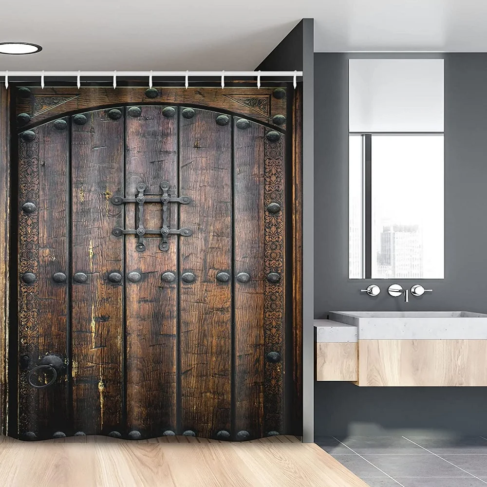 

Rustic Stall Shower Curtain Black Brown Historical Vintage Wooden Door Medieval Structure Print Fabric Bath Curtains with Hooks