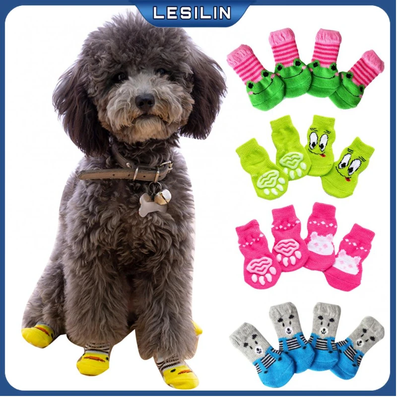 

4Pcs Cats Dogs Cotton Warm Anti-Slip Cartoon Pattern Socks Pet Dog Socks Puppy Shoes Paw Protector Shoes Pet Supplies