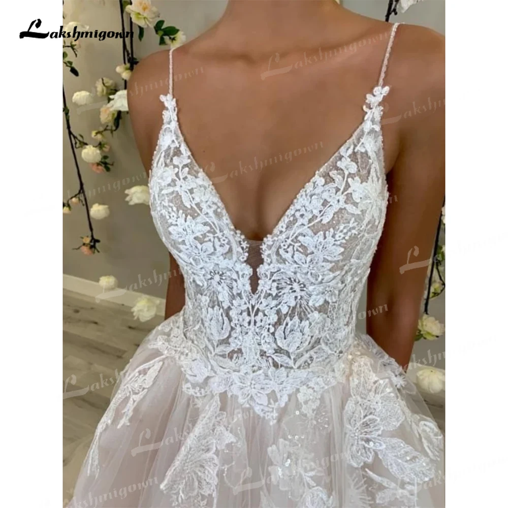 

2022 Lakshmigown Sexy Boho Beach Wedding Dress V neck Spaghetti Strap Lace Bridal A Line Wedding Gown vestido longo Custom made
