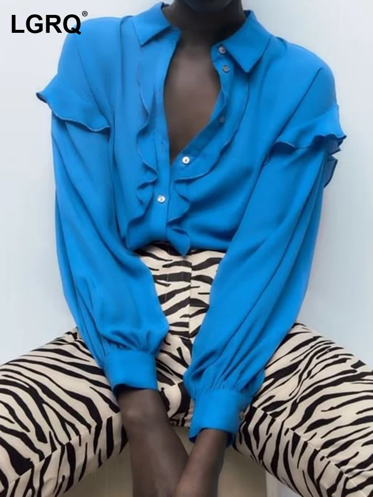 

Женская рубашка с отложным воротником LGRQ, свободная однобортная блузка с длинными рукавами и оборками, весна 2023