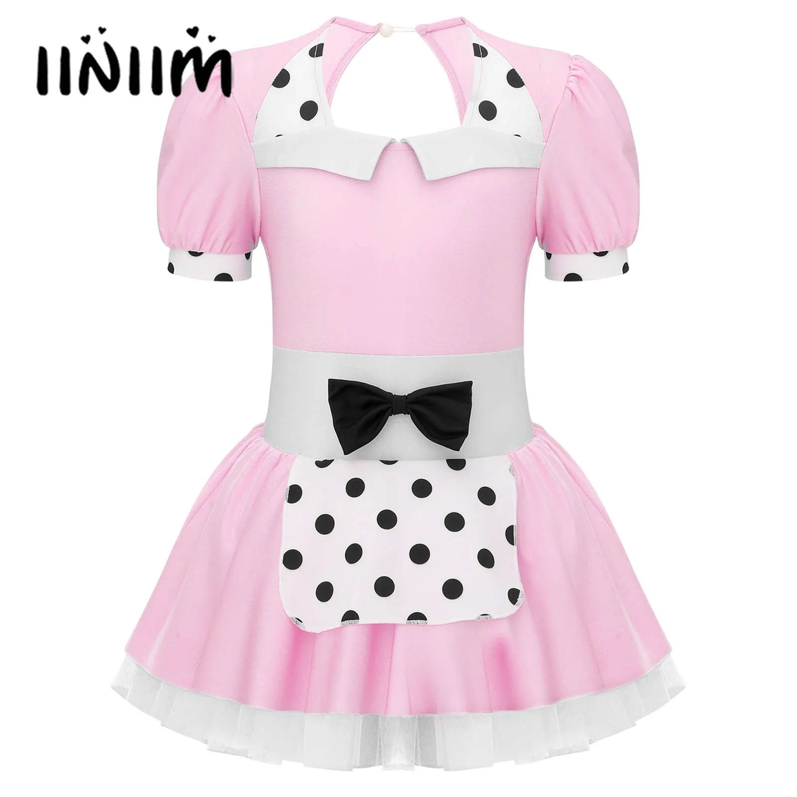 

Pink Kids Girls Maid Tutu Dress Carnival Cosplay Outfit Short Sleeve Polka Dots Print Bowknot Decorated Tutu Mesh Dance Dress