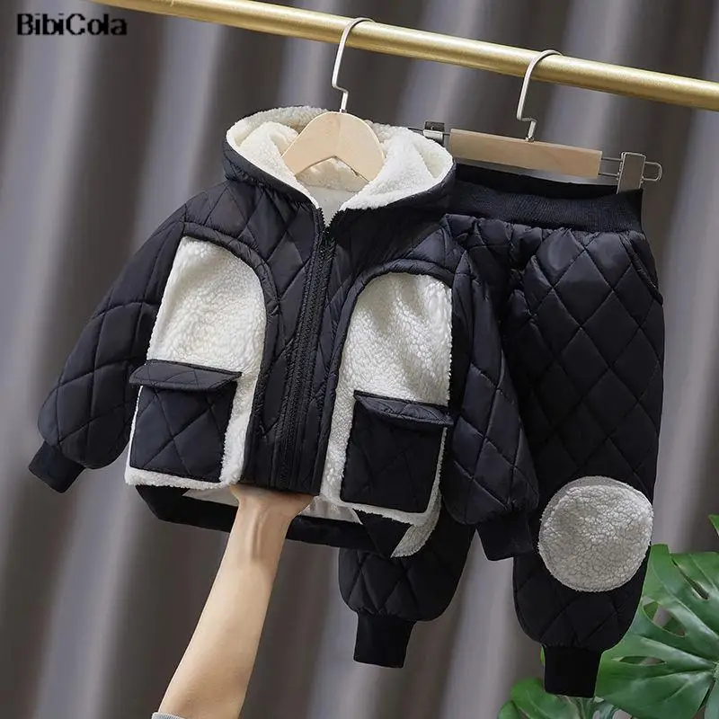 Children's autumn and winter clothing suits boys' winter style plus velvet thick warm annual clothes two-piece baby girl suit