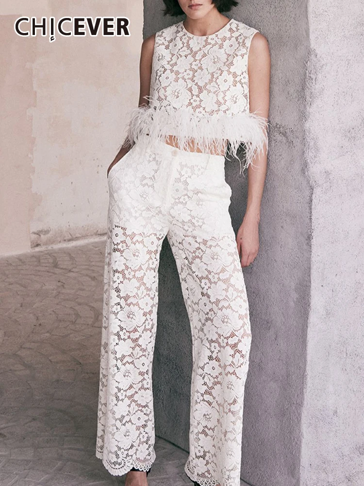 

CHICEVER однотонные кружевные комплекты из двух предметов, круглый вырез, без рукавов, в стиле пэчворк, топы с перьями, высокая талия, прямые брюки, элегантные женские комплекты