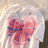 summer tee women korean fashion top pink bowknot print graphic harajuku t shirt o neck casual cotton necklace design clothes new