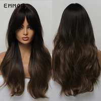 emmor synthetic long wavy natural ombre brown to dark blonde with bangs wigs for women high temperature fiber body wave wigs