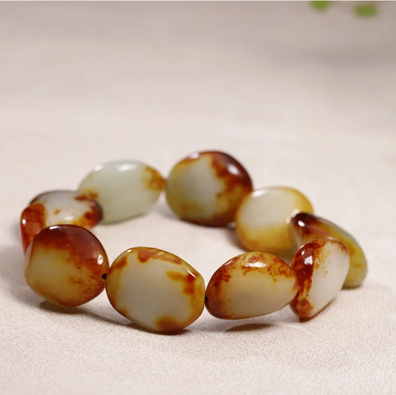 

Tumbled Stone Bracelets Men Women Fine Jewelry Accessories Raw Jade Original Stones With Skin Nephrite Elastic Bracelet Bangle