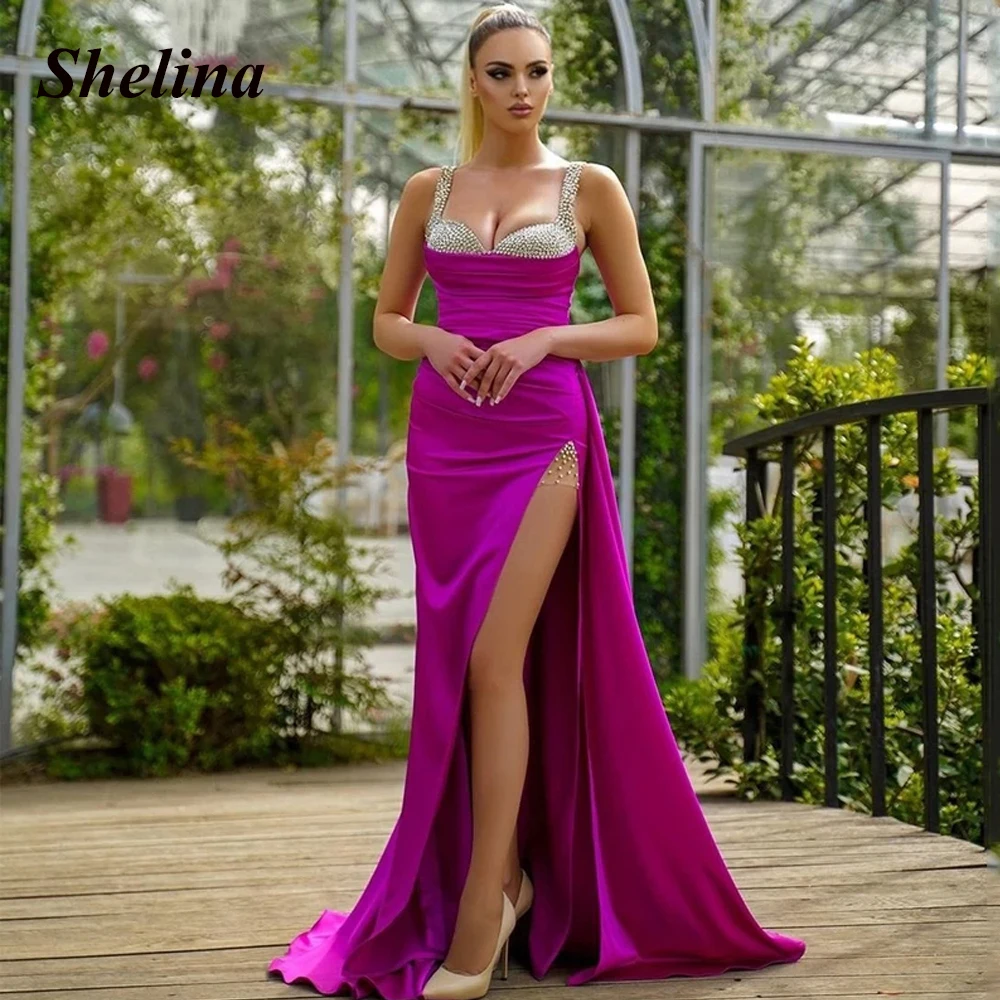 

Classic Slit Sleeveless Prom Dresses V-neck Tank Rhinestone Pleat Court Train Evening Gowns Vestido De Noche Made To Order